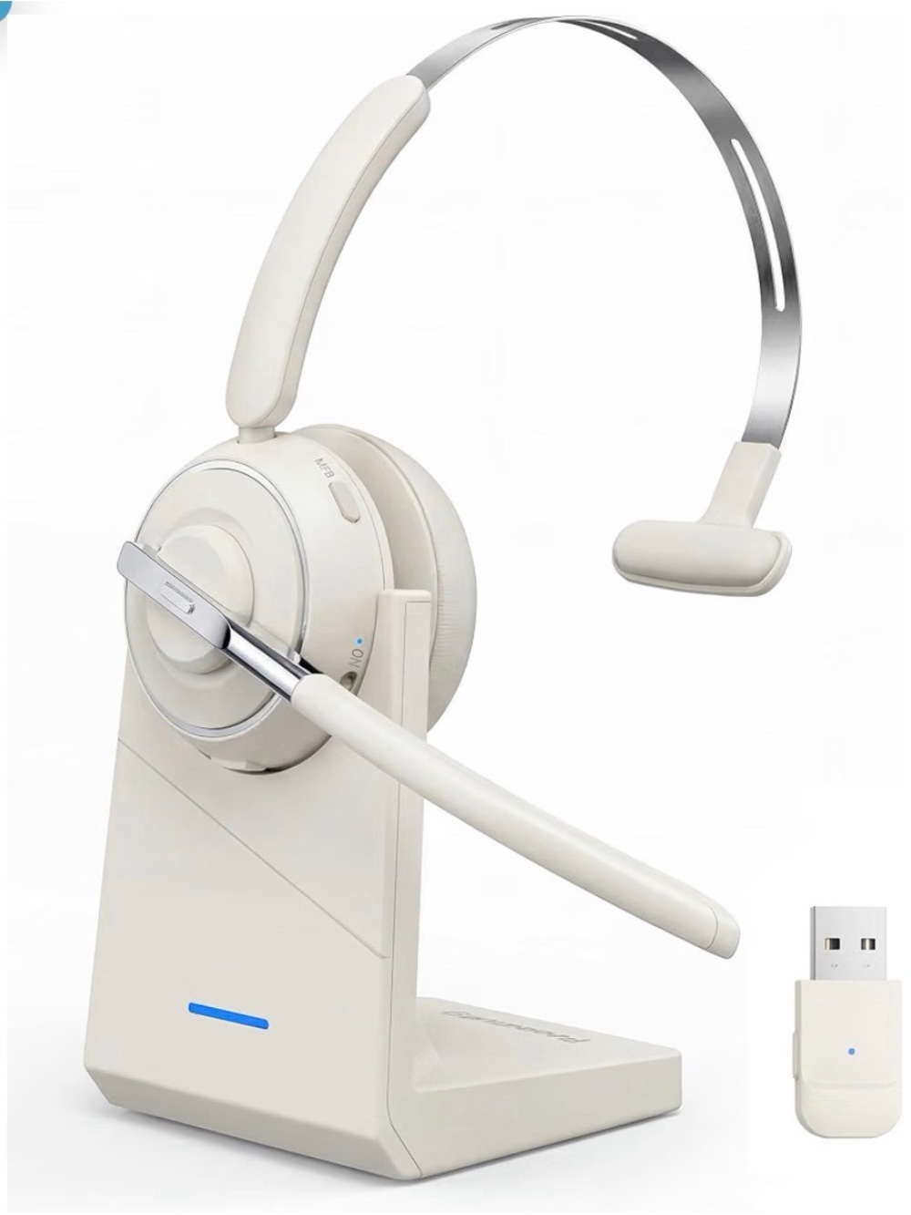 Wireless Mono Headset with Boom Mic in Off-White